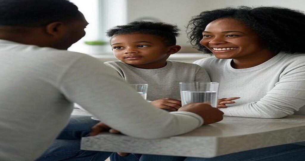 family drinking water