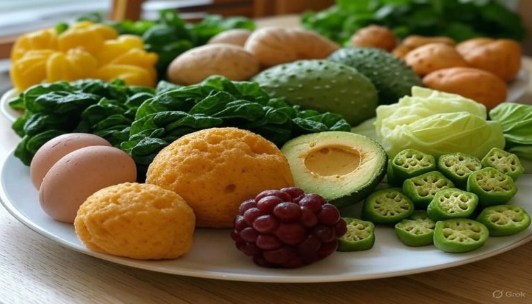 Fresh Fruits, Vegetables, Eggs And Whole Grain Meal Ideal For Diabetes Mellitus