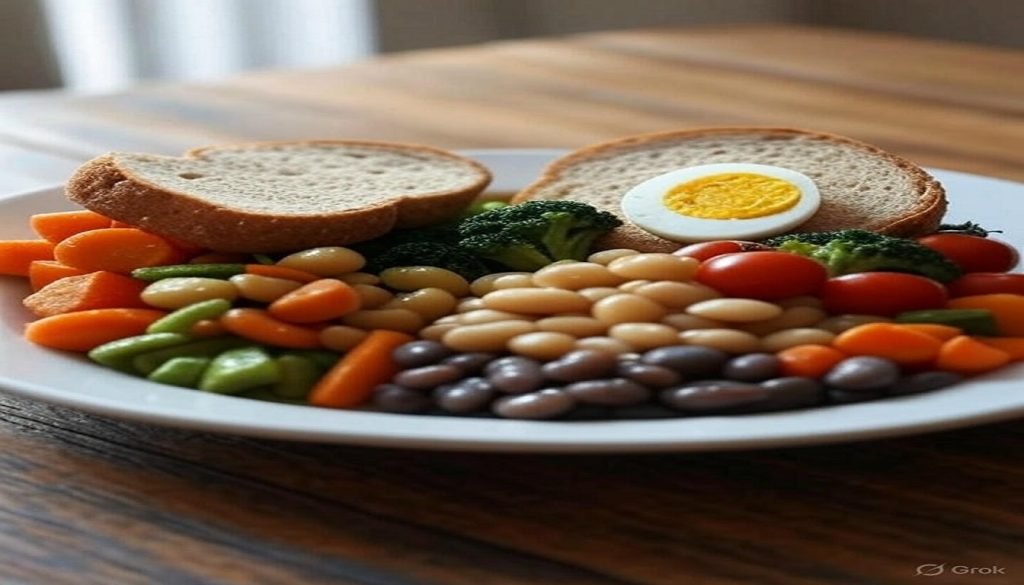 Diabetes-Friendly Plate Of Boiled Beans, Egg, Carrots, Lentils, Broccoli, and Whole Wheat Bread