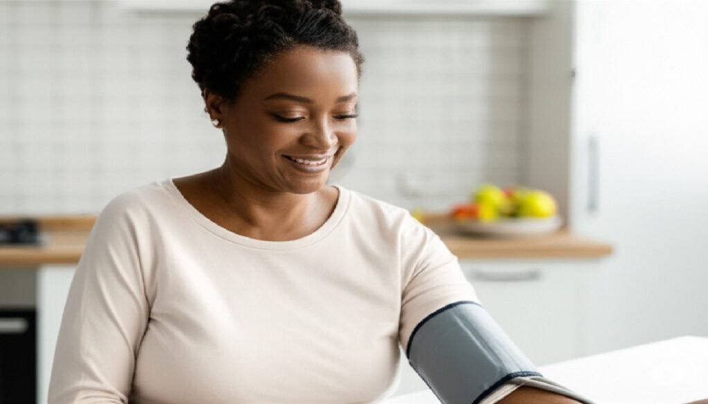 Person measuring blood pressure at home.