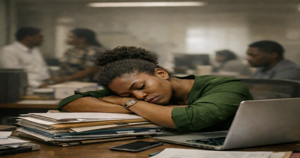 Burnt out woman at office desk