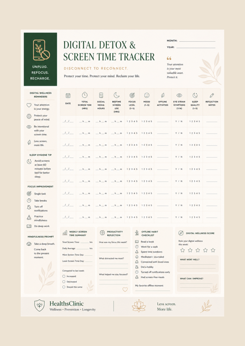 Download this free printable Digital Detox & Screen Time Tracker PDF to monitor screen habits and overall wellness