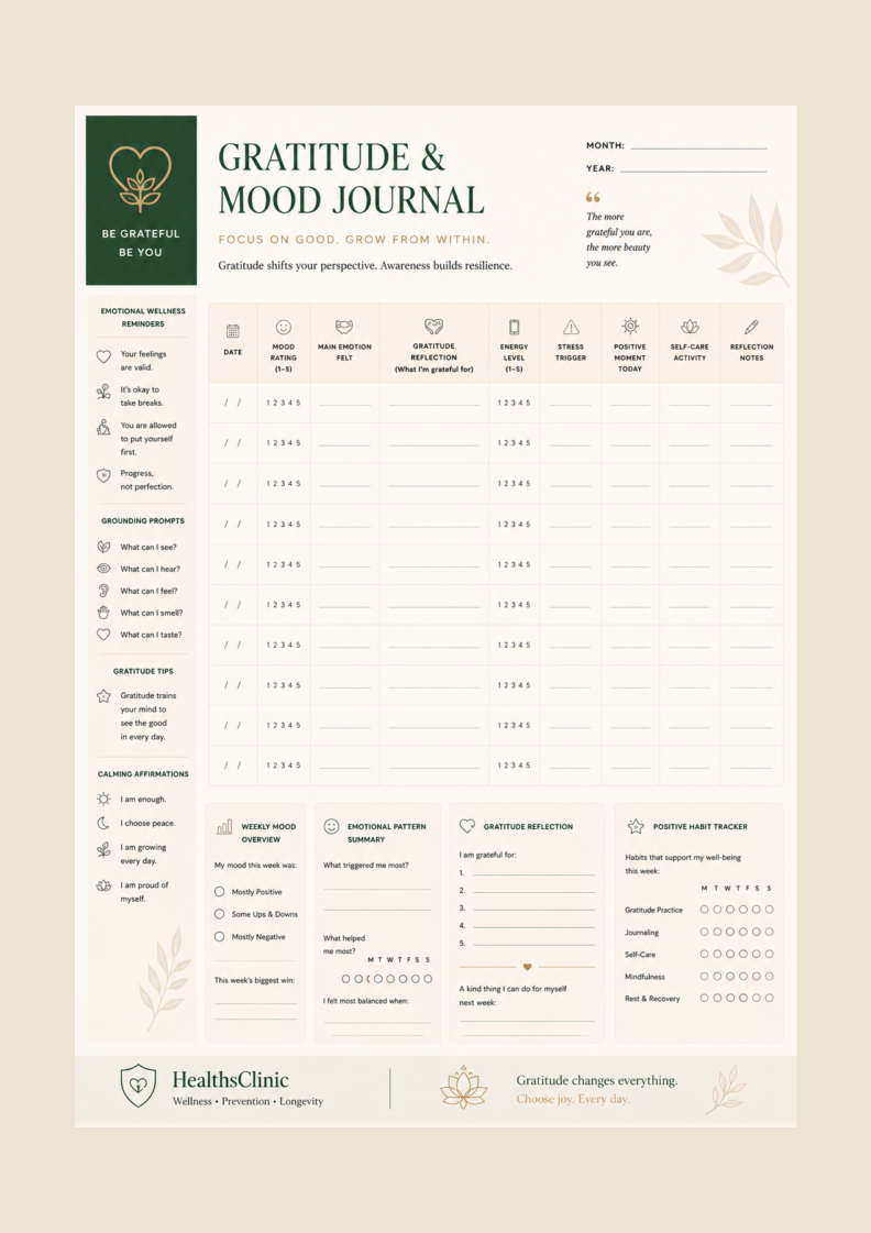 Download this free printable Gratitude & Mood Journal to track emotions, practice gratitude, reduce stress, and build healthier mental wellness habits.